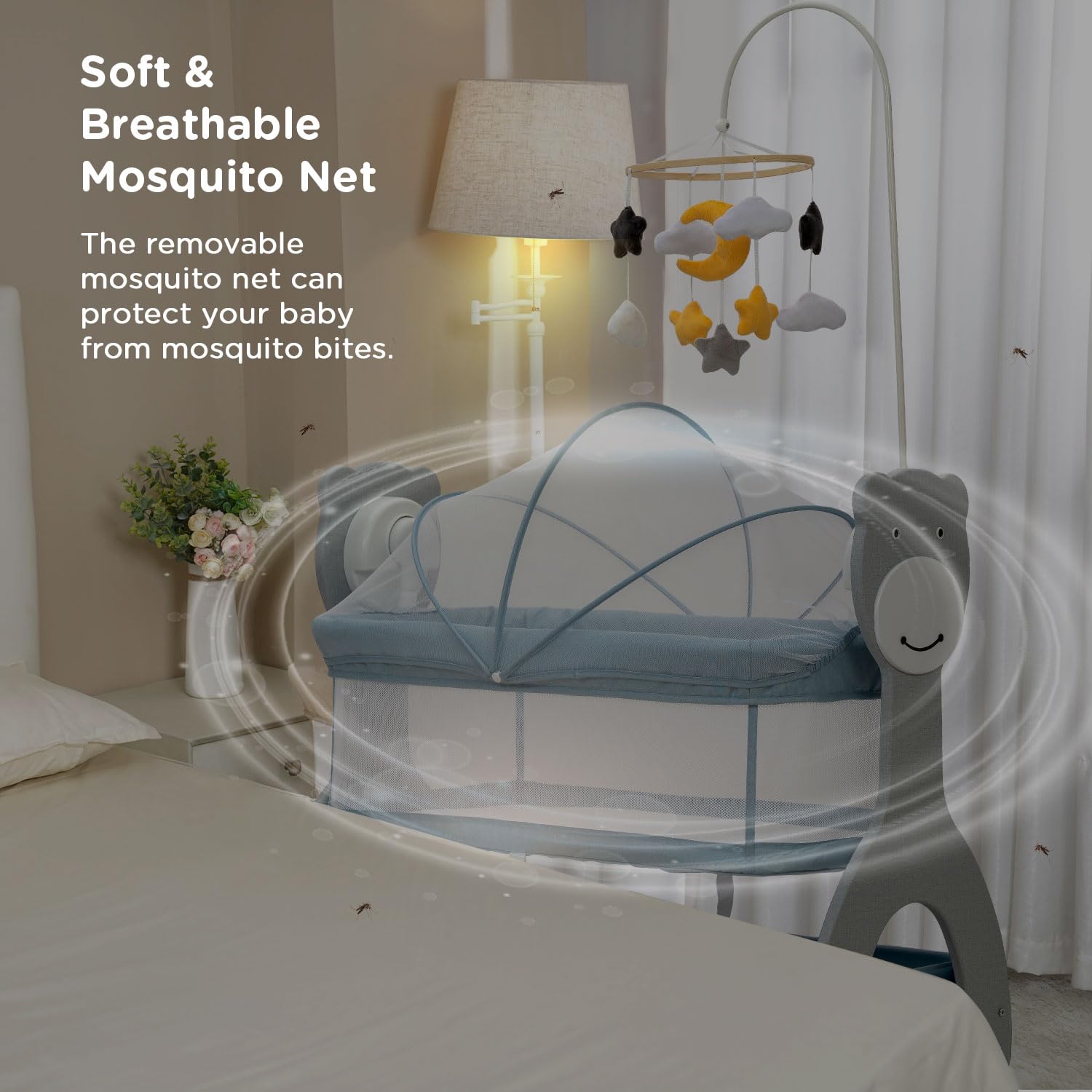 Baby crib with a soft and breathable mosquito net in a bedroom setting.